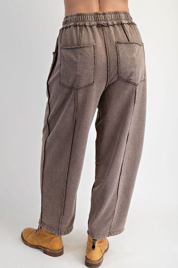 Easel Mineral Washed Terry Knit Barrel Pants in Mocha
