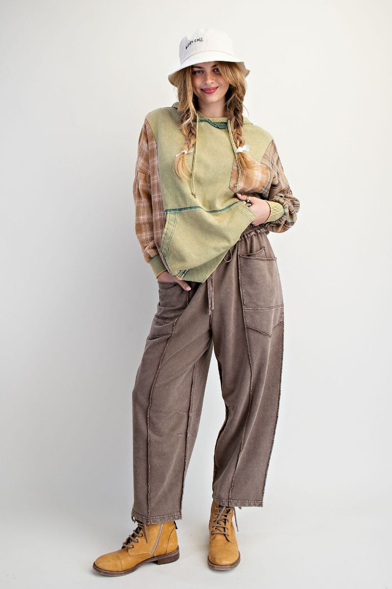 Easel Mineral Washed Terry Knit Barrel Pants in Mocha – June Adel