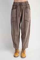 Easel Mineral Washed Terry Knit Barrel Pants in Mocha