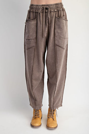 Easel Mineral Washed Terry Knit Barrel Pants in Mocha
