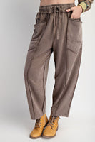 Easel Mineral Washed Terry Knit Barrel Pants in Mocha