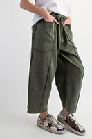 Easel Mineral Washed Terry Knit Barrel Pants in Pine Green