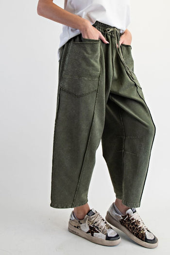 Easel Mineral Washed Terry Knit Barrel Pants in Pine Green