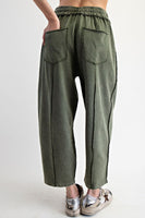 Easel Mineral Washed Terry Knit Barrel Pants in Pine Green