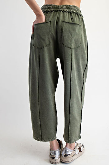 Easel Mineral Washed Terry Knit Barrel Pants in Pine Green