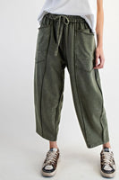 Easel Mineral Washed Terry Knit Barrel Pants in Pine Green