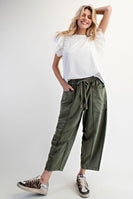Easel Mineral Washed Terry Knit Barrel Pants in Pine Green