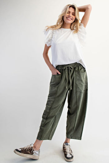Easel Mineral Washed Terry Knit Barrel Pants in Pine Green