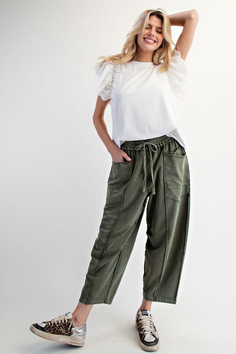 Easel Mineral Washed Terry Knit Barrel Pants in Pine Green