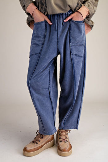 Easel Mineral Washed Terry Knit Barrel Pants in Washed Navy
