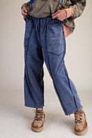 Easel Mineral Washed Terry Knit Barrel Pants in Washed Navy