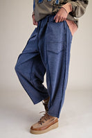 Easel Mineral Washed Terry Knit Barrel Pants in Washed Navy