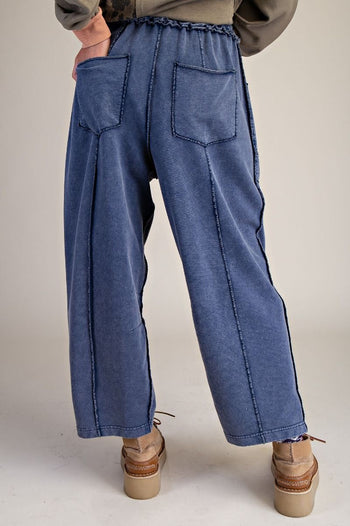 Easel Mineral Washed Terry Knit Barrel Pants in Washed Navy