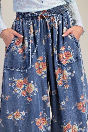 Easel Flower Print Chambray Pants in Washed Denim