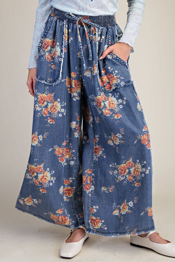 Easel Flower Print Chambray Pants in Washed Denim
