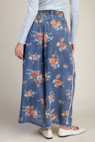 Easel Flower Print Chambray Pants in Washed Denim