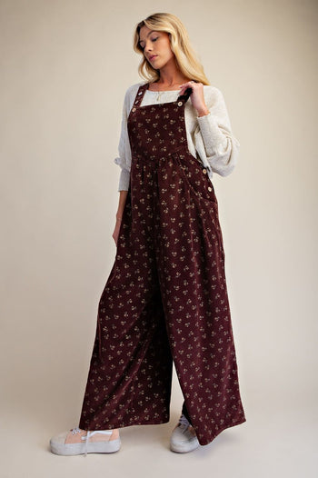 Easel Floral Print Washed Baby Corduroy Overalls in Eggplant