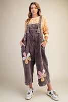 Easel OVERSIZED Corduroy Flower Patched Overalls in Mocha
