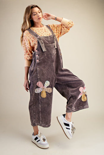 Easel OVERSIZED Corduroy Flower Patched Overalls in Mocha