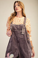 Easel OVERSIZED Corduroy Flower Patched Overalls in Mocha
