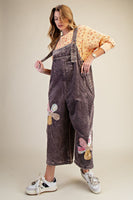 Easel OVERSIZED Corduroy Flower Patched Overalls in Mocha