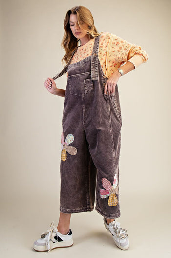 Easel OVERSIZED Corduroy Flower Patched Overalls in Mocha