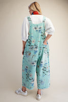 Easel Loose Fit Floral Print Overalls in Mint Blue