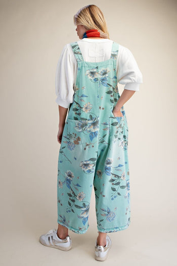 Easel Loose Fit Floral Print Overalls in Mint Blue