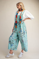 Easel Loose Fit Floral Print Overalls in Mint Blue