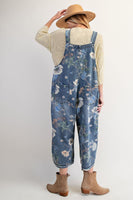 Easel Loose Fit Floral Print Overalls in Washed Denim ON ORDER