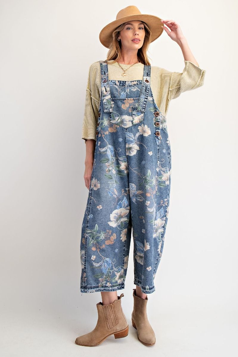 Easel Loose Fit Floral Print Overalls in Washed Denim ON ORDER
