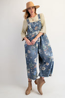 Easel Loose Fit Floral Print Overalls in Washed Denim ON ORDER