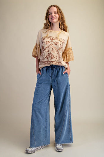 Easel Mineral Washed Terry Knit Pants in Light Denim