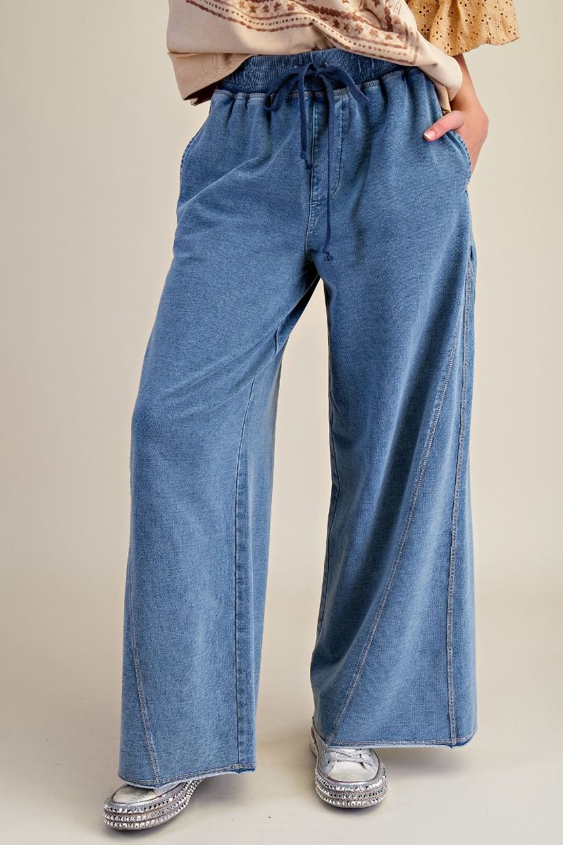 Easel Mineral Washed Terry Knit Pants in Light Denim
