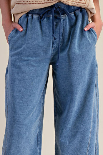 Easel Mineral Washed Terry Knit Pants in Light Denim
