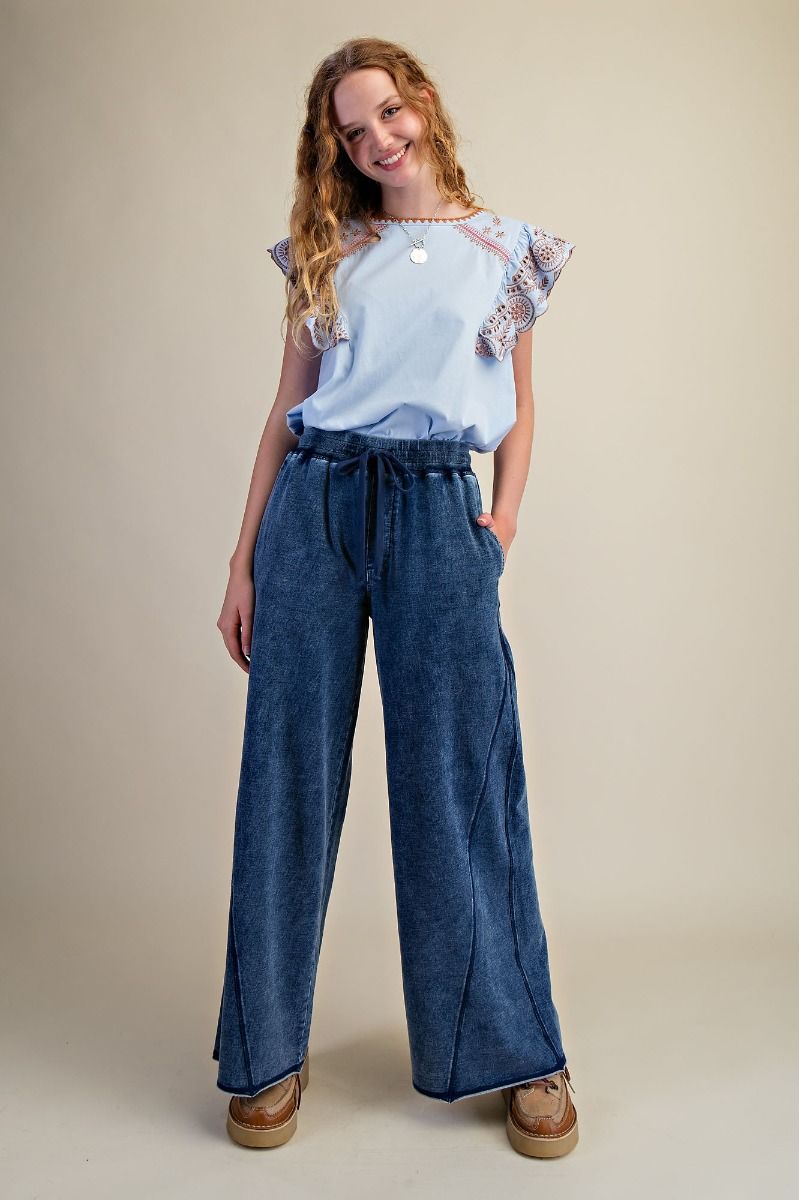 Easel Mineral Washed Terry Knit Pants in Washed Denim – June Adel