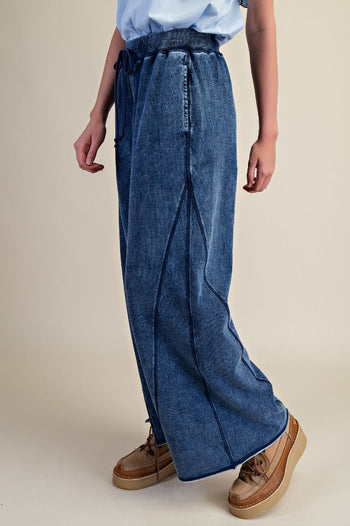 Easel Mineral Washed Terry Knit Pants in Washed Denim