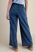 Easel Mineral Washed Terry Knit Pants in Washed Denim