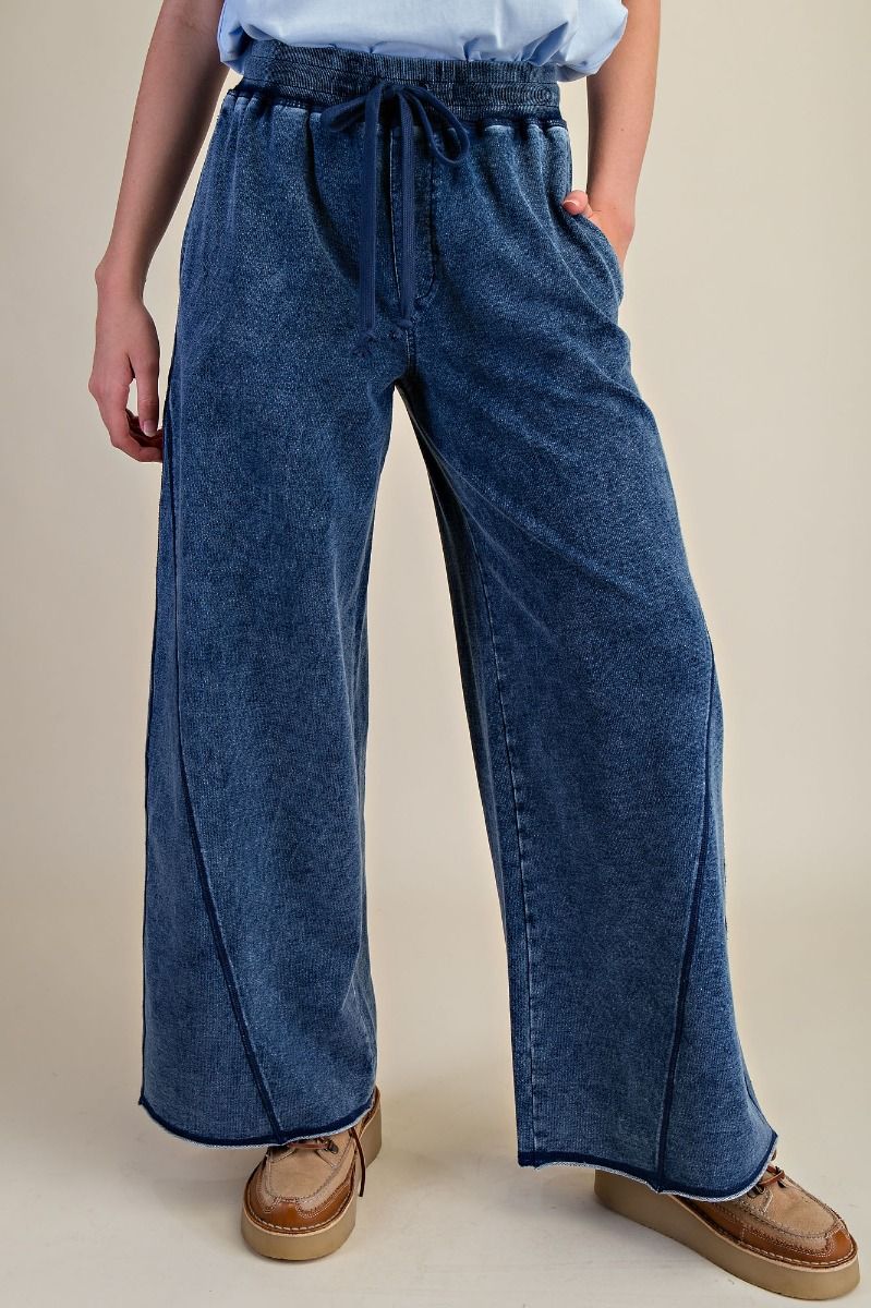 Easel Mineral Washed Terry Knit Pants in Washed Denim – June Adel