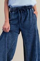 Easel Mineral Washed Terry Knit Pants in Washed Denim