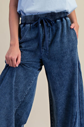 Easel Mineral Washed Terry Knit Pants in Washed Denim