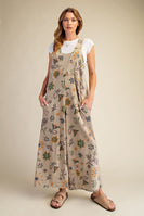 Easel Signature Floral Print Terry Knit Jumpsuit in Olive Grey