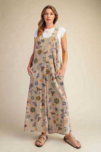 Easel Signature Floral Print Terry Knit Jumpsuit in Olive Grey