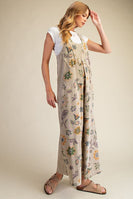 Easel Signature Floral Print Terry Knit Jumpsuit in Olive Grey