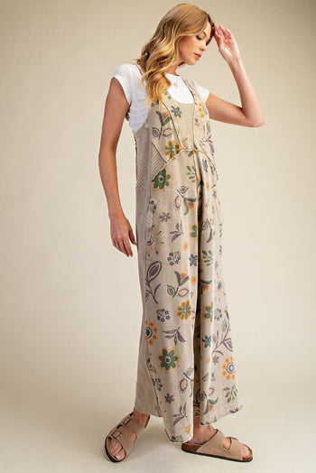 Easel Signature Floral Print Terry Knit Jumpsuit in Olive Grey