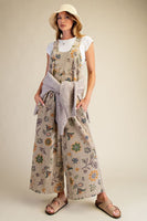 Easel Signature Floral Print Terry Knit Jumpsuit in Olive Grey