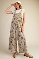Easel Signature Floral Print Terry Knit Jumpsuit in Olive Grey