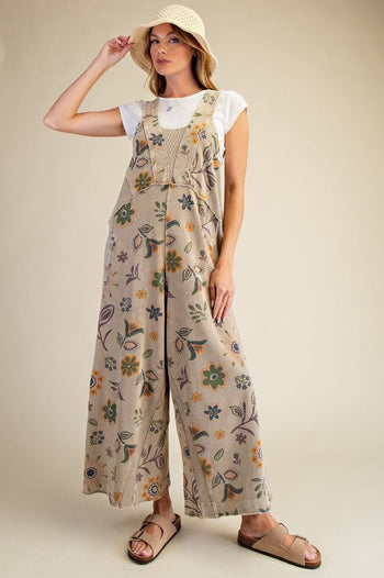 Easel Signature Floral Print Terry Knit Jumpsuit in Olive Grey