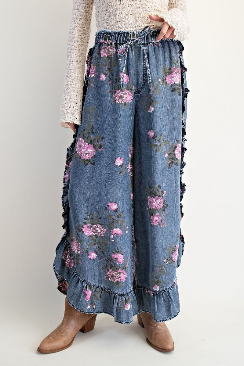 Easel Floral Print Pants Chambray Pants in Washed Denim – June Adel
