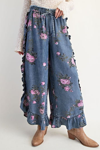 Easel Floral Print Pants Chambray Pants in Washed Denim